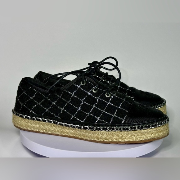 Chanel Black Quilted Lace-Up Espadrille Sneakers Size 38 Designer Luxury - Picture 10 of 13